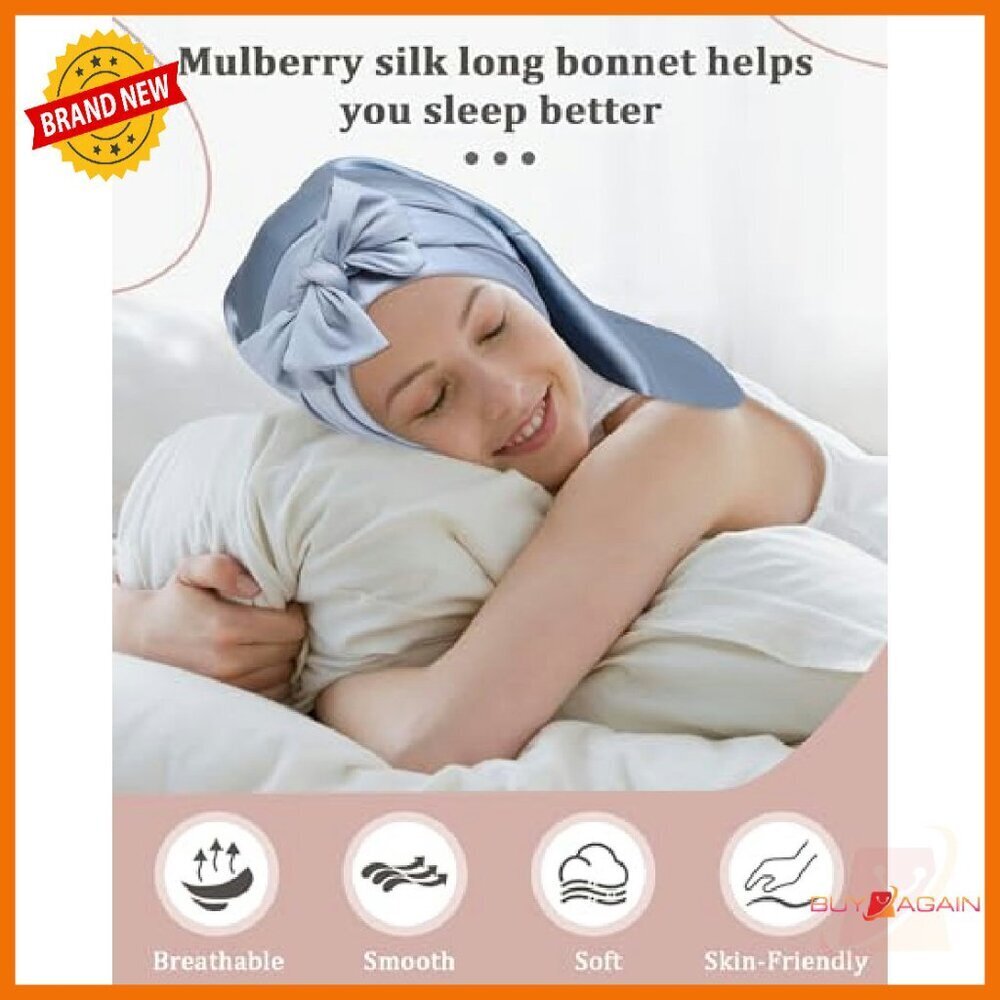 100% Mulberry Silk Sleep Bonnet for Long Hair, Adjustable Straps - Picture 6 of 7
